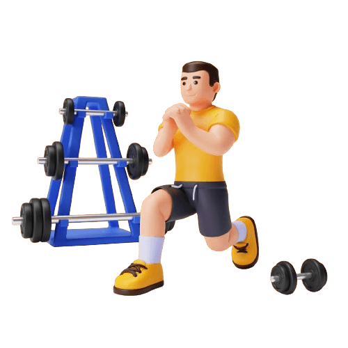 Figura de um homem em 3D realizando o exercicio 'afundo'.
