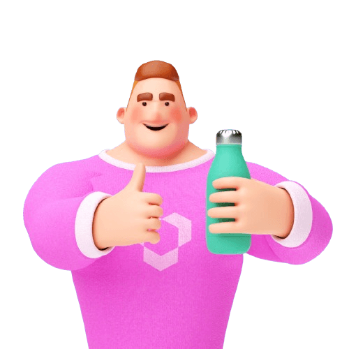 Imagem em 3D de um rapaz segurando uma garrafa de água