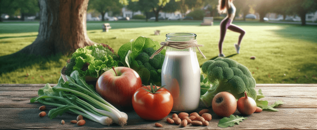 Imagem de uma java de leite com algumas frutas e legumes em cima de uma mesa de madeira rústica em um parque ao ar livre. de fundo com imagem desfocada está uma moça se alongando