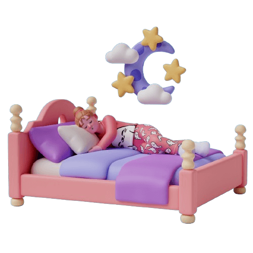 Imagem em 3D de uma moça durmindo em uma cama confortavelmente.