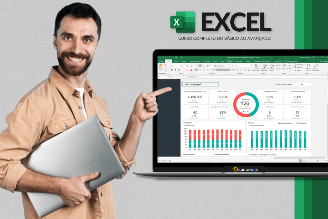 Homem apontando para o curso de Excel em um leptop